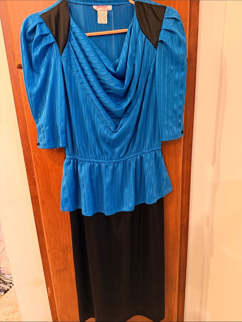 Vintage 70's Working 9 to 5 Dress royal blue cow neck cinched Peplem 3/4 sleeve